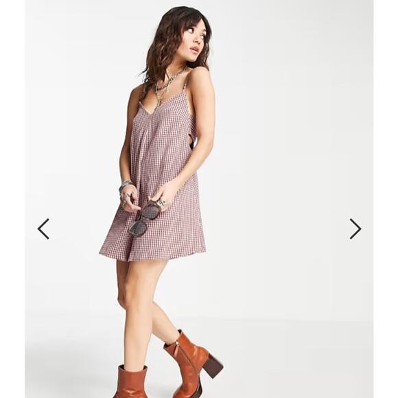 TopShop Pink Brown Micro Gingham Strappy Tie Back Playsuit Romper SZ 2 - Picture 1 of 12